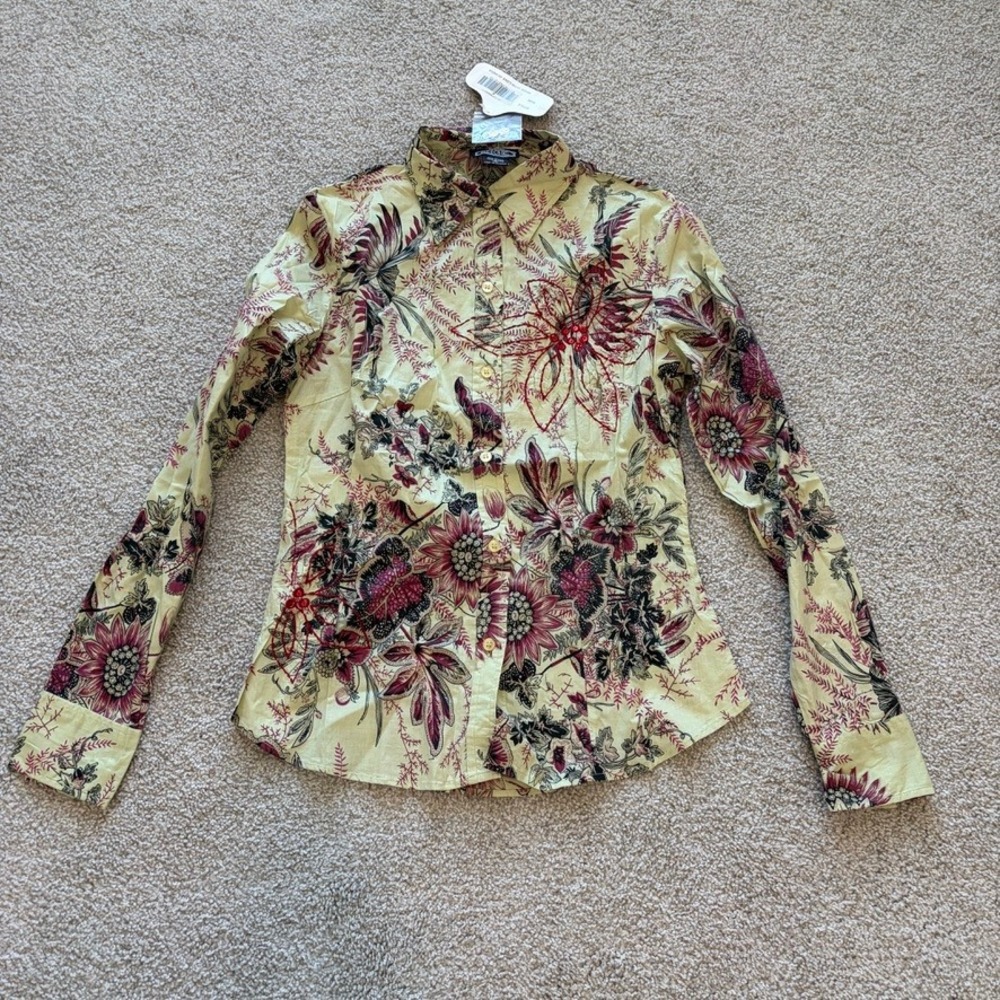 Angie Embroidered Button Up Top Womens M Green Purple Floral Fairy Whimsigoth